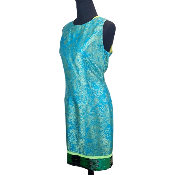 Elie Tahari Silk Blend Iridescent Teal and Green Sleeveless Sheath Dress Sz 10 - Picture 4 of 16